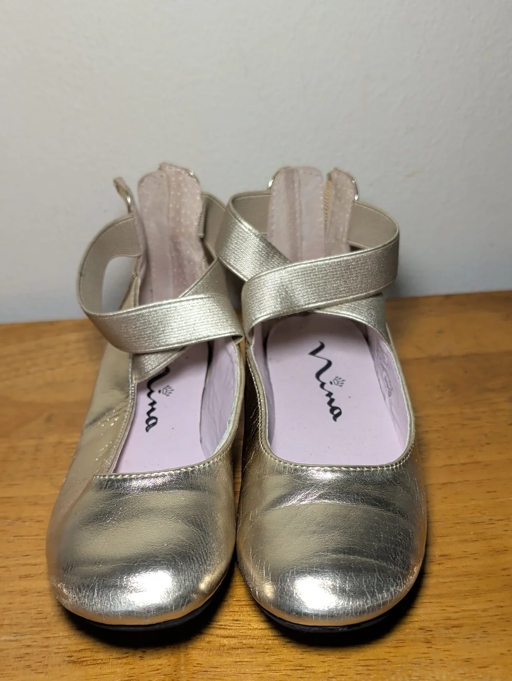 Nina Marissa Metallic Gold Ballet Flats with Elastic Cross-Strap Girls Size 13